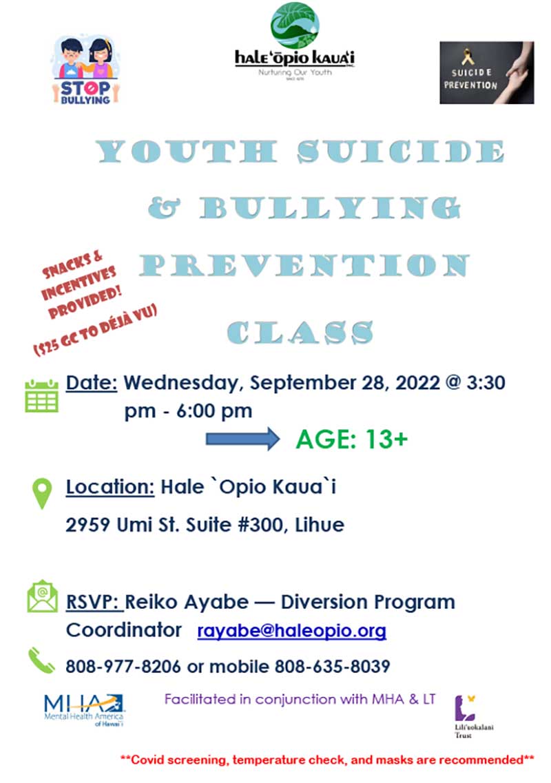 Youth Suicide & Bullying Prevention 9-28-2022 Flyer - Hale Opio Kauai