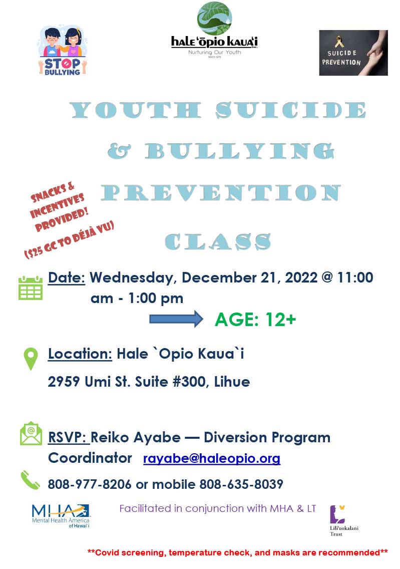Youth suicide & bullying prevention class 12/21/2022 flier