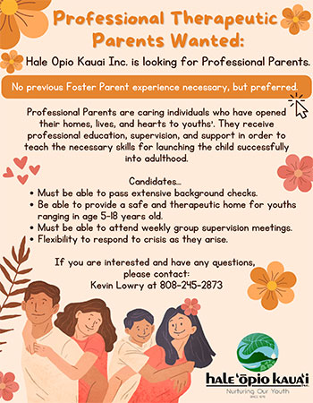 Professional Therapeutic Parents Wanted flyer - Hale Opio Kauai