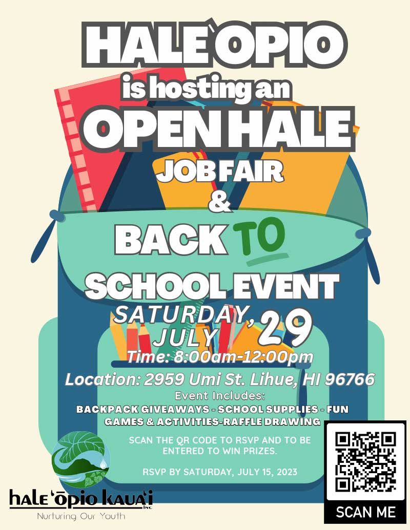 Hale Opio Open Hale Job Fair & Back to School Event Flyer
