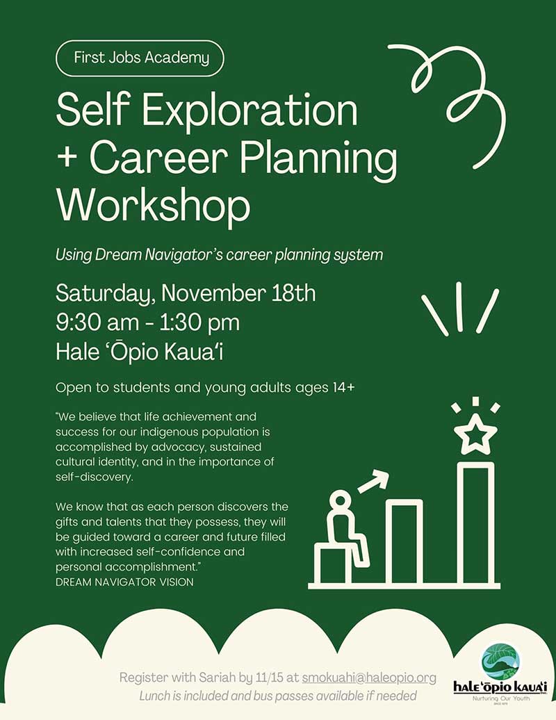 Self Exploration & Career Planning Workshop Flyer - Hale Opio Kauai