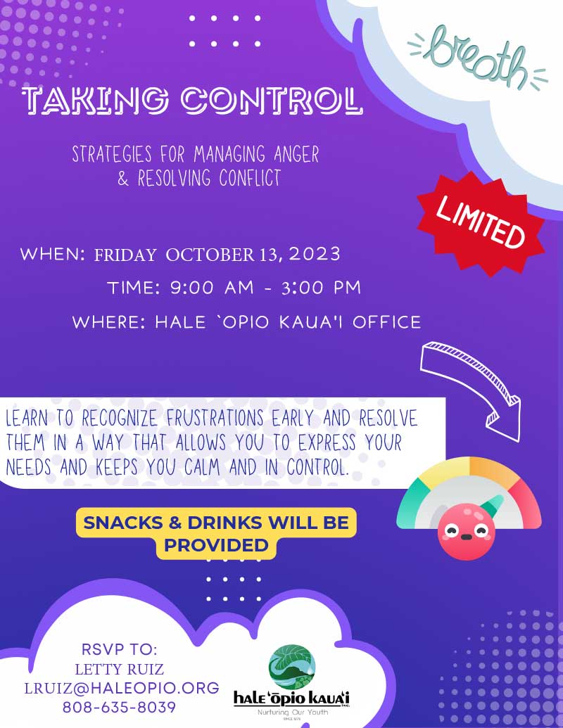 Taking Control - Strategies for managing anger and resolving conflict flyer - Hale Opio Kauai