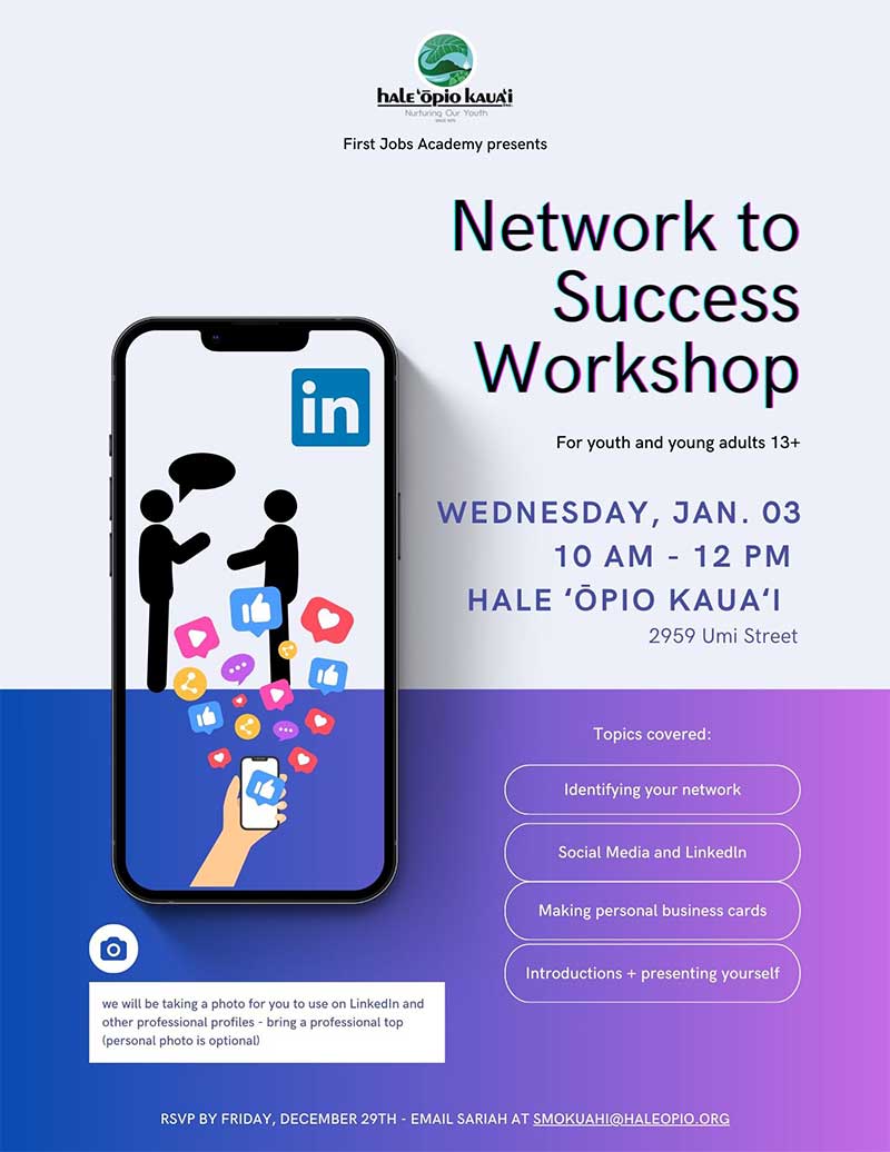 Network to Success Workshop for January 3rd, 2024 at Hale Opio Kauai flyer.