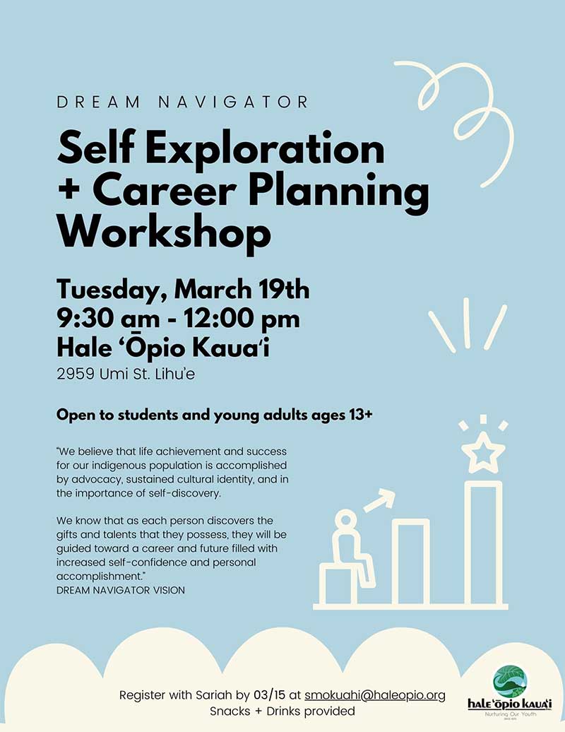 Flyer for Self Exploration and Career Planning Workshop at Hale Opio, Kauai