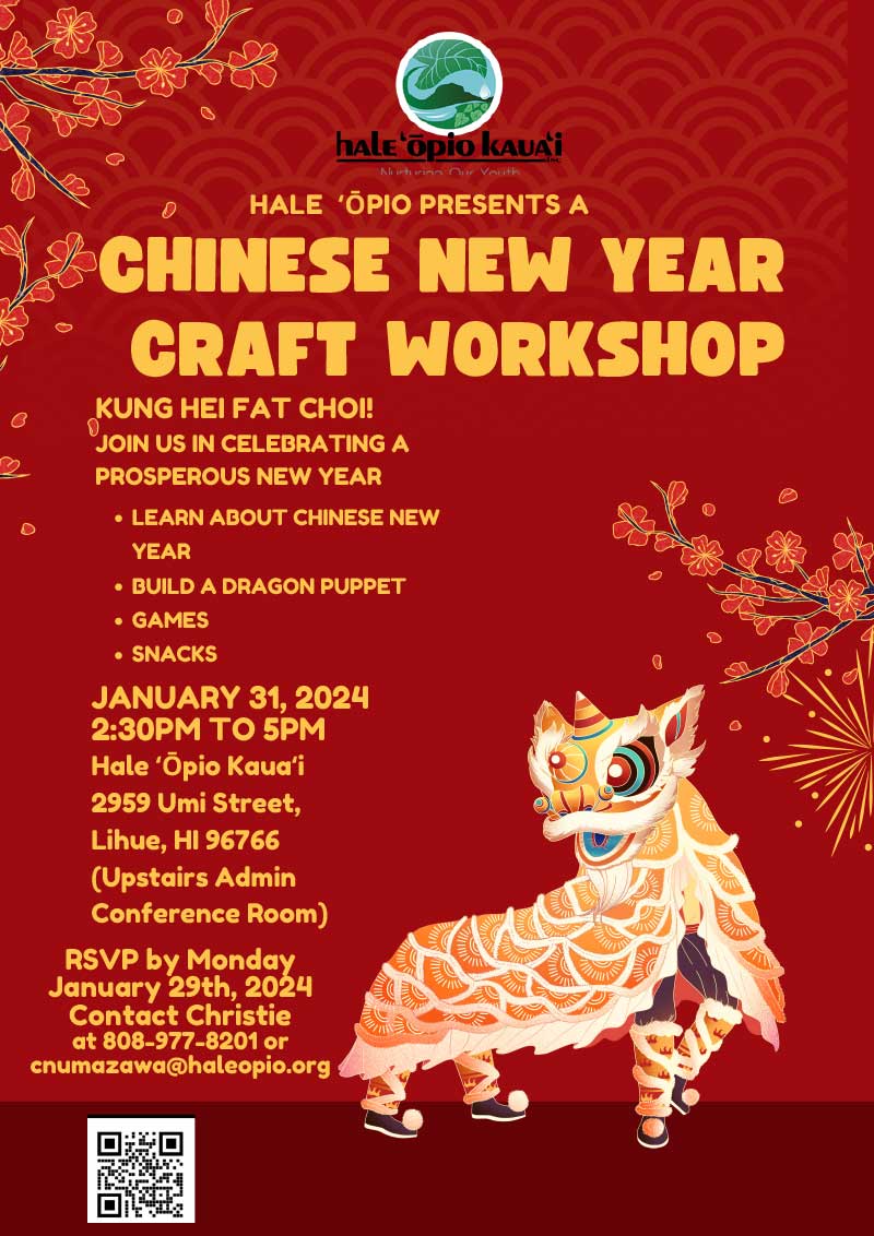Poster for Hale Opio's Chinese New Year Craft Workshop