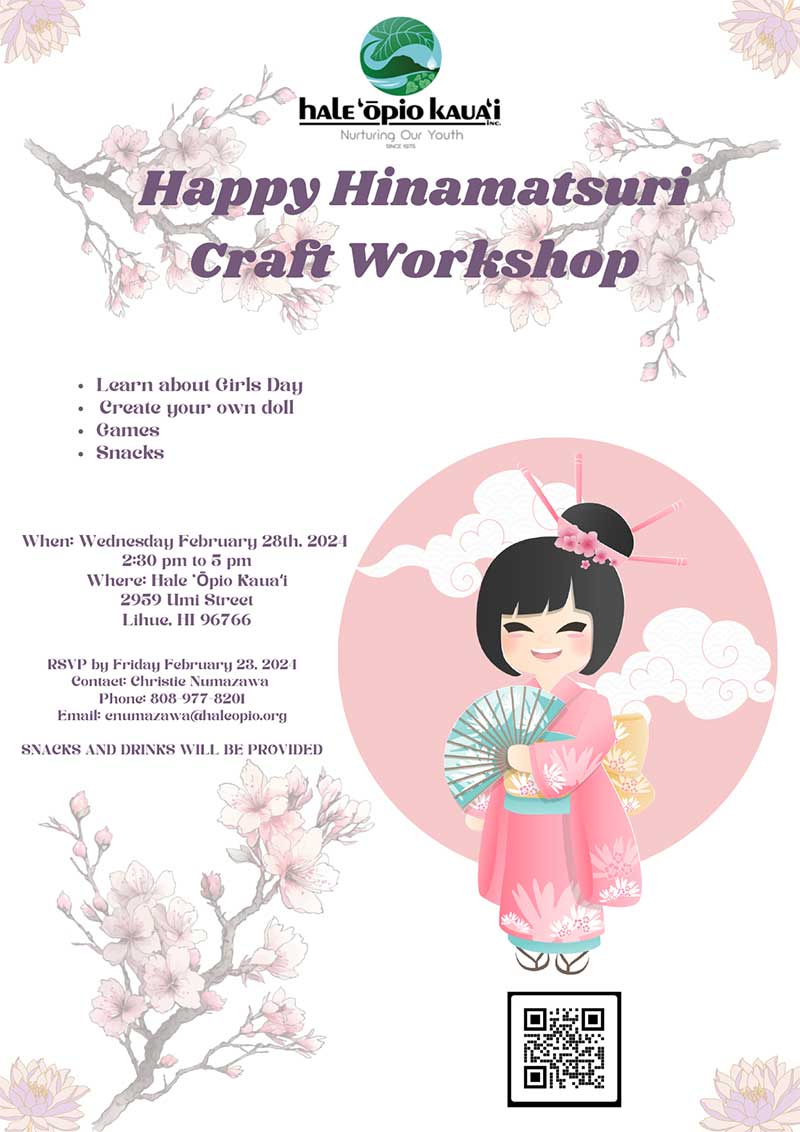 Flyer for the Happy Hinamatsuri Craft Workshop at Hale Opio, Kauai