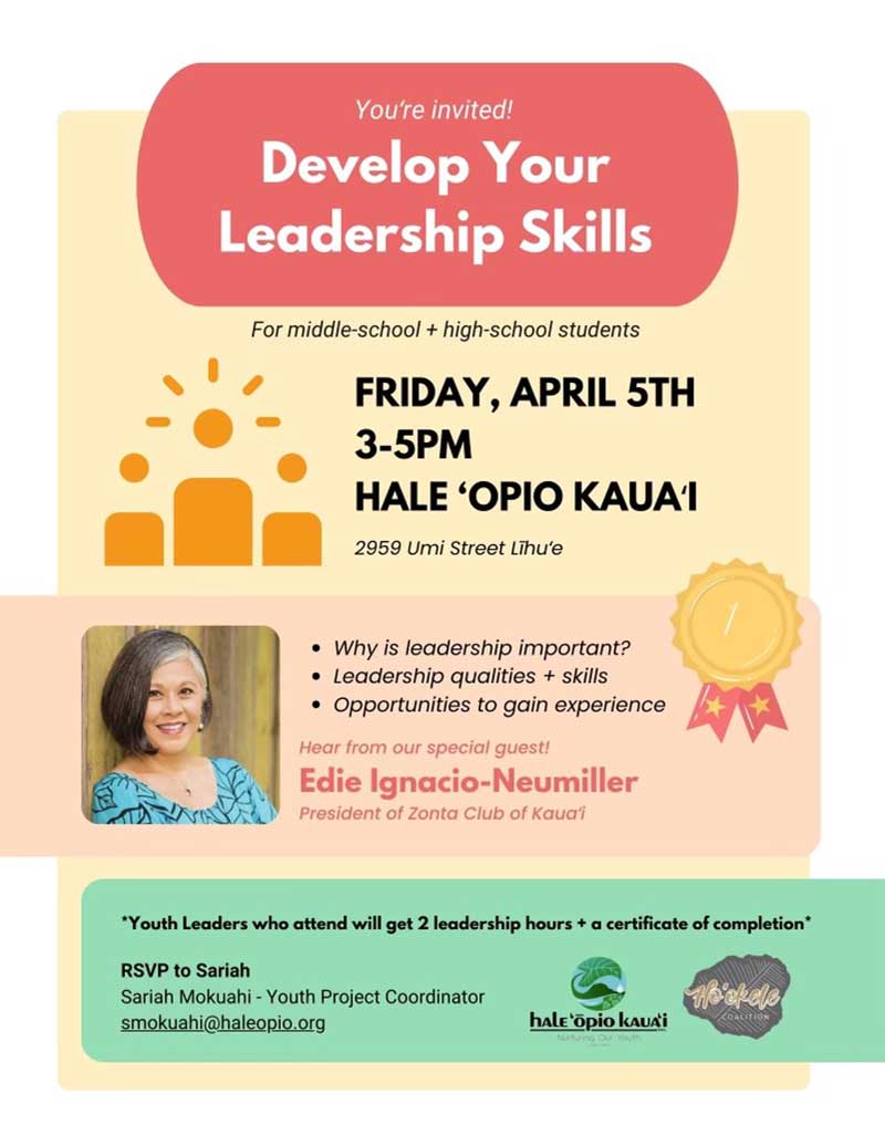 Flyer for Develop Your Leadership Skills workshop - Hale Opio Kauai