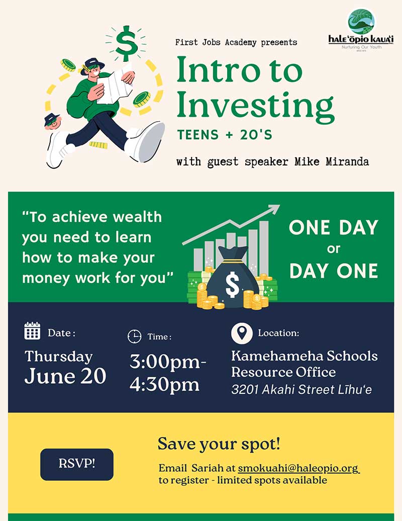 Flyer for First Jobs Academy's Intro to Investing - Hale Opio Kauai.