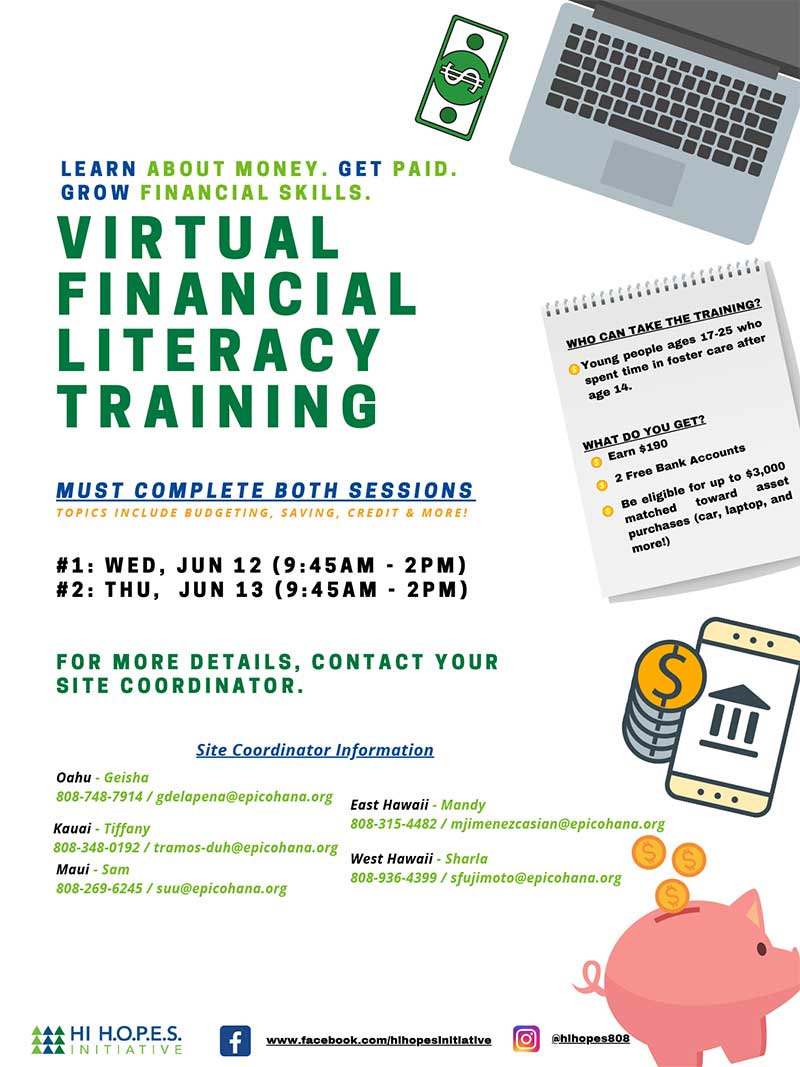 Flyer for Virtual Financial Literacy Training - Hale Opio Kauai