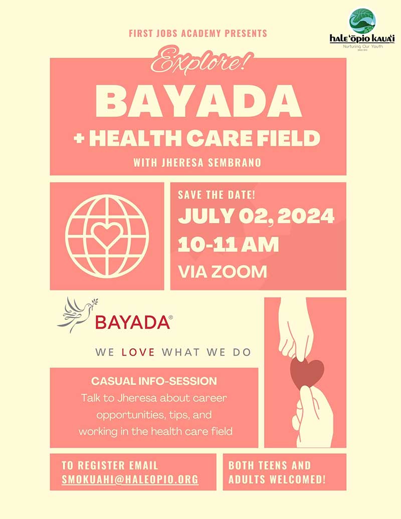 Flyer for First Jobs Academy's Explore Bayada Health Care Field