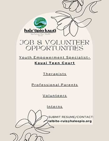 Flyer featuring job opportunities with Hale Opio, Kauai
