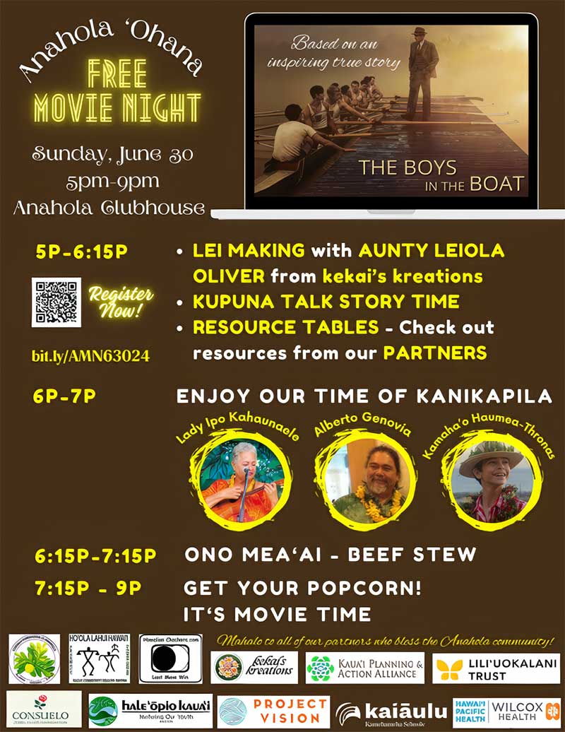 Flyer for Anahola Ohana Free Movie Night on June 30, 2024.