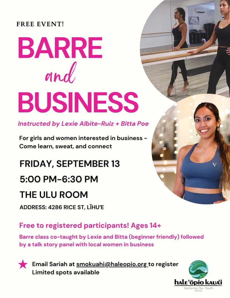 Flyer for Barre and Business event - Hale Opio Kauai