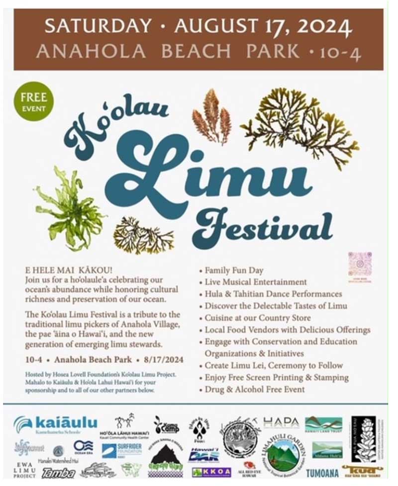 Flyer for the Koolau Limu Festival event on August 17th, 2024 at Anahola Beach Park from 10am to 4pm. Hale Opio Kauai