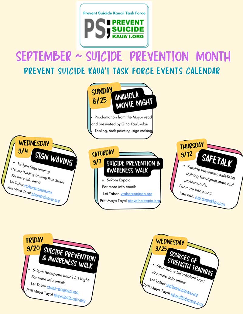 Flyer showing scheduled events for September's Suicide Prevention Month - Hale Opio Kauai