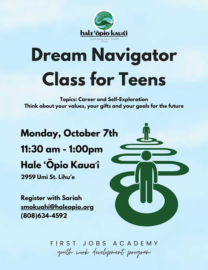 Flyer for Dream Navigator Class for Teens - Hale Opio Kauai