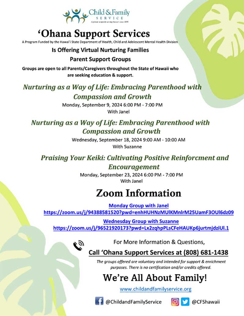 Ohana Support Services flyer for September's Virtual Parent Support Groups.