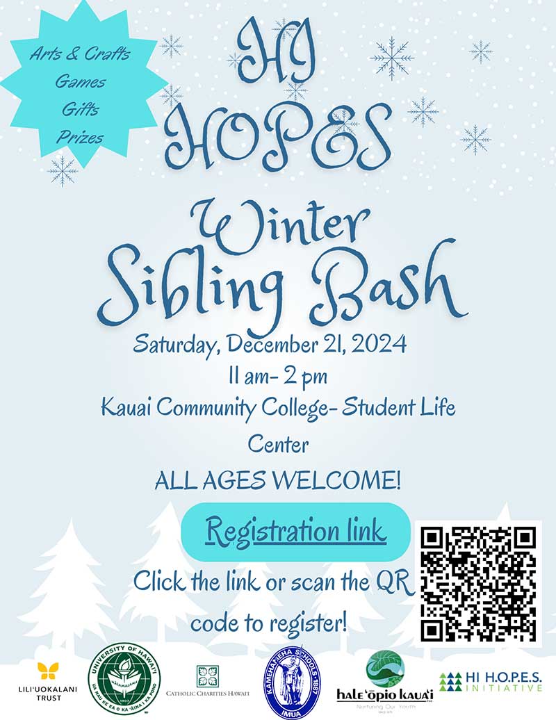 Flyer for the HI Hopes Winter Sibling Bash.