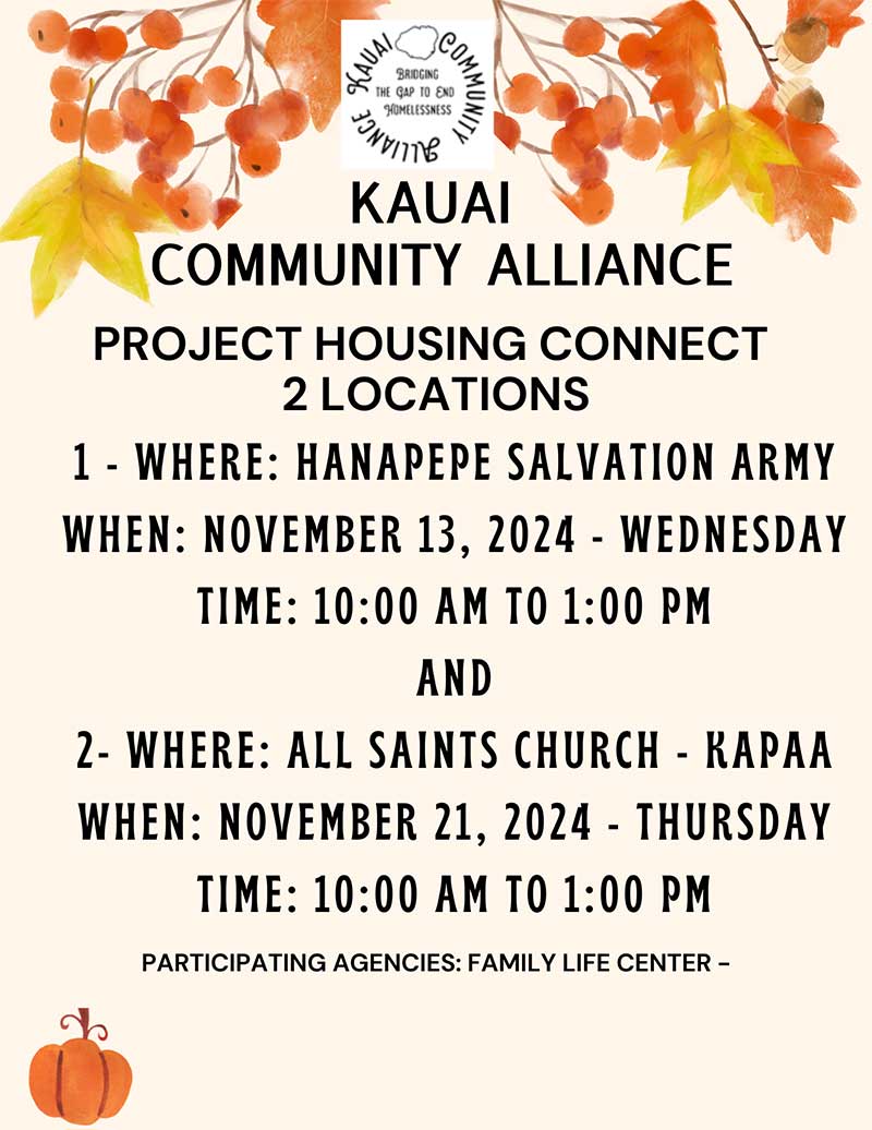 Flyer for the Project Housing Connect by Kauai Community Alliance.