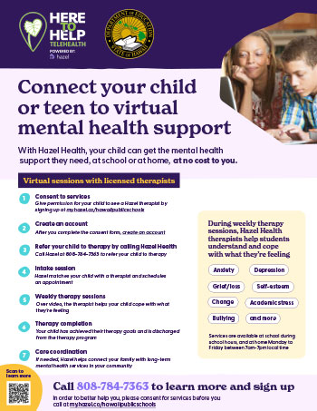 Flyer for child or teen virtual mental health support.