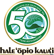 Logo recognizing Hale Opio's 50th year of service on Kauai, HI.