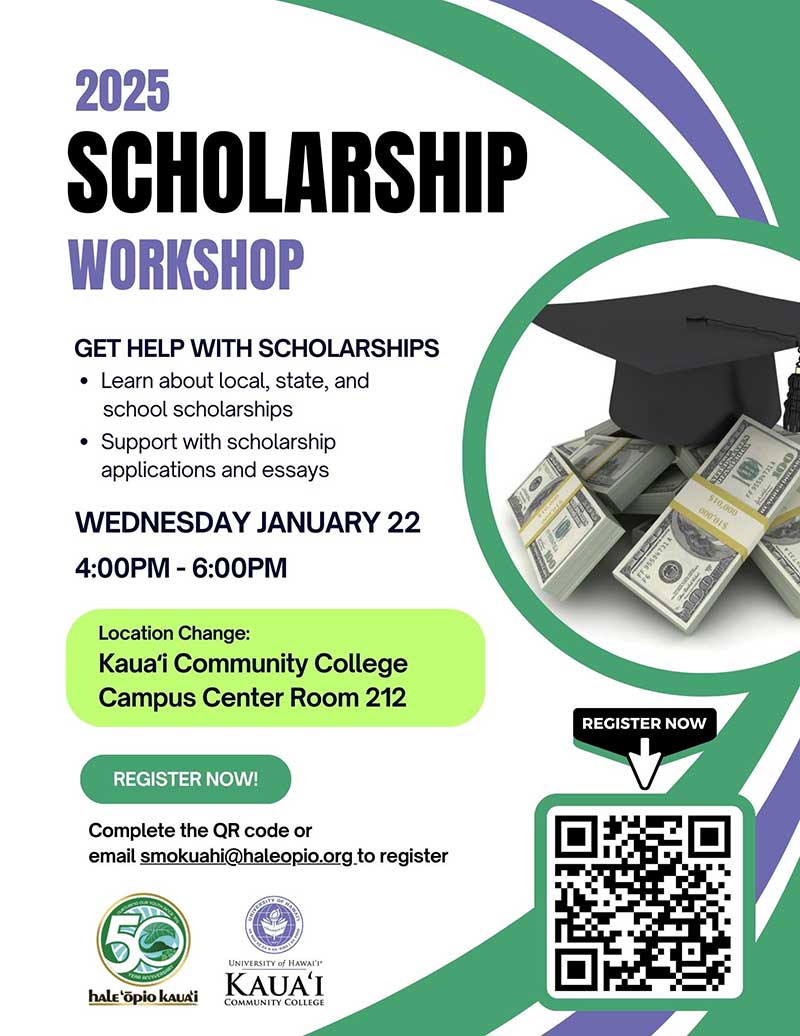 Flyer for the Scholarship Workshop on January 10th, 2025. Hale Opio Kauai