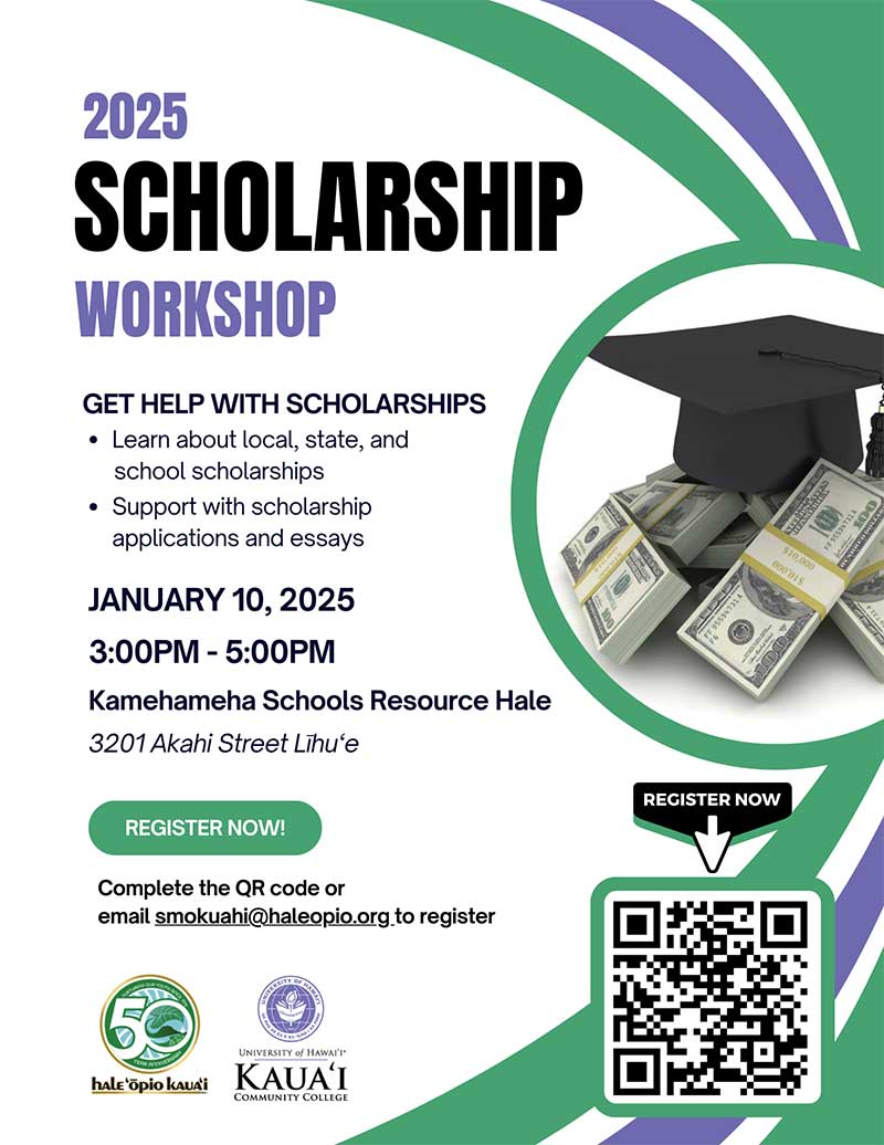 Flyer for the Scholarship Workshop on January 10th, 2025. Hale Opio Kauai